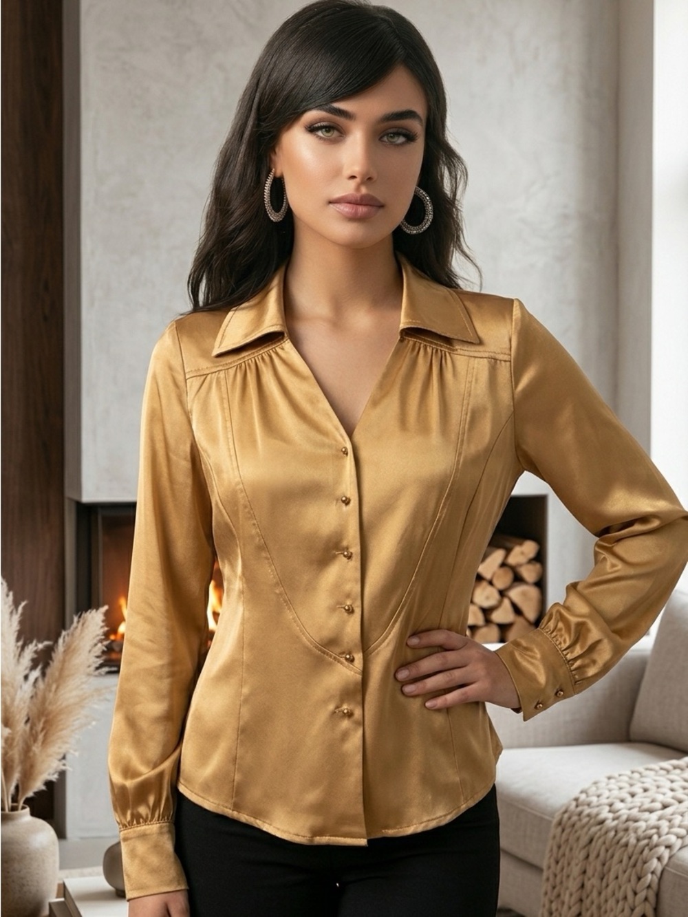 Gold Satin Button-Front Blouse with Structured Collar Quin and Donnelly